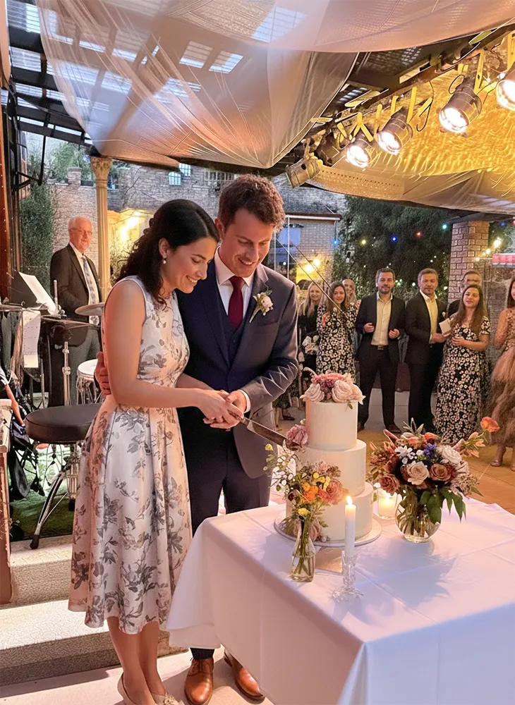 Brautpaar beim Anschneiden der Hochzeitstorte im festlich beleuchteten Außenbereich