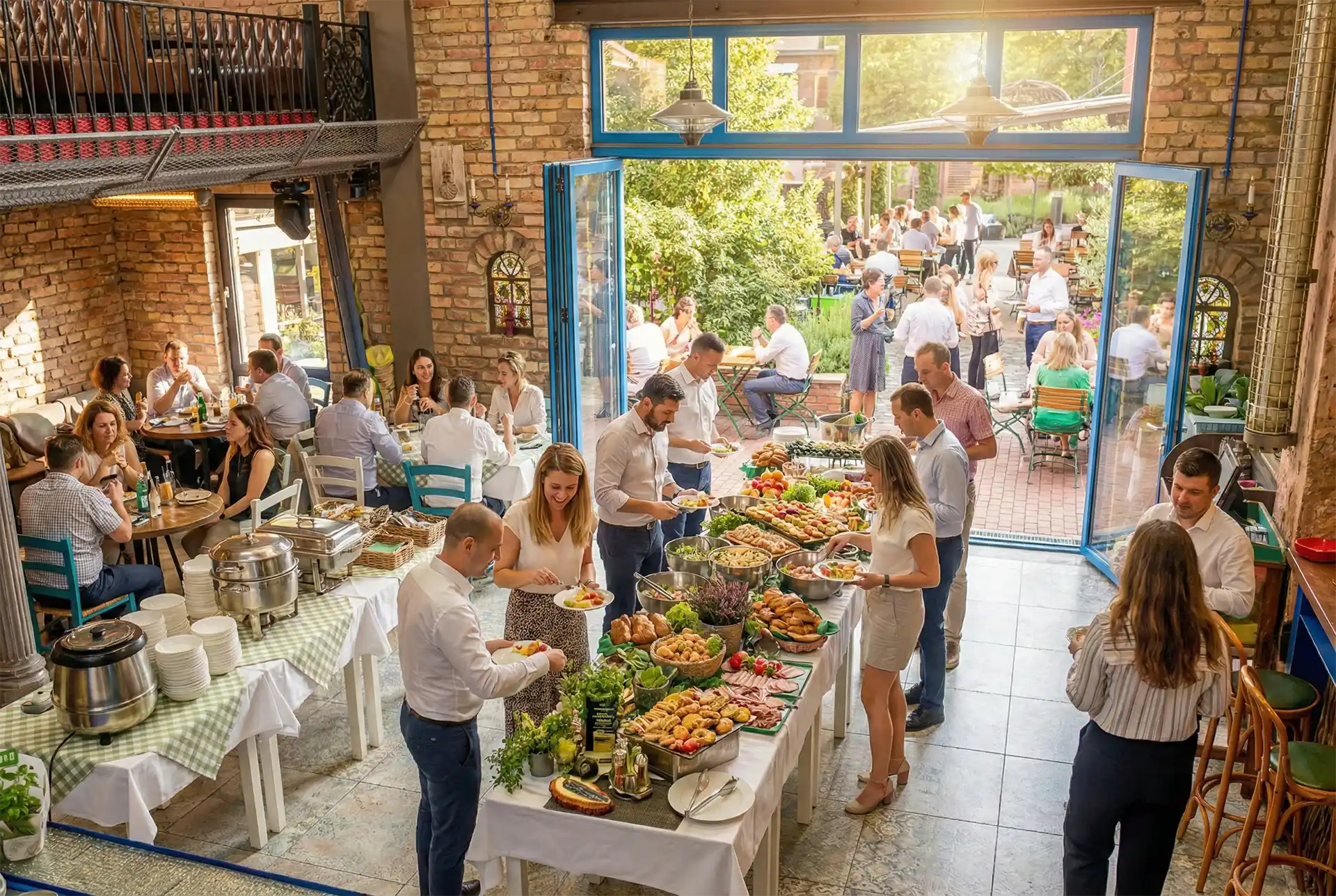 Blick in den Veranstaltungsort XELOR Kesselhaus bei einem Sommer-Event: Offene Tore verbinden Innenraum und sonnige Terrasse.